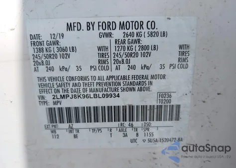 2020 Lincoln Nautilus Reserve from USA, damaged, VIN 2LMPJ8K96LBL09934